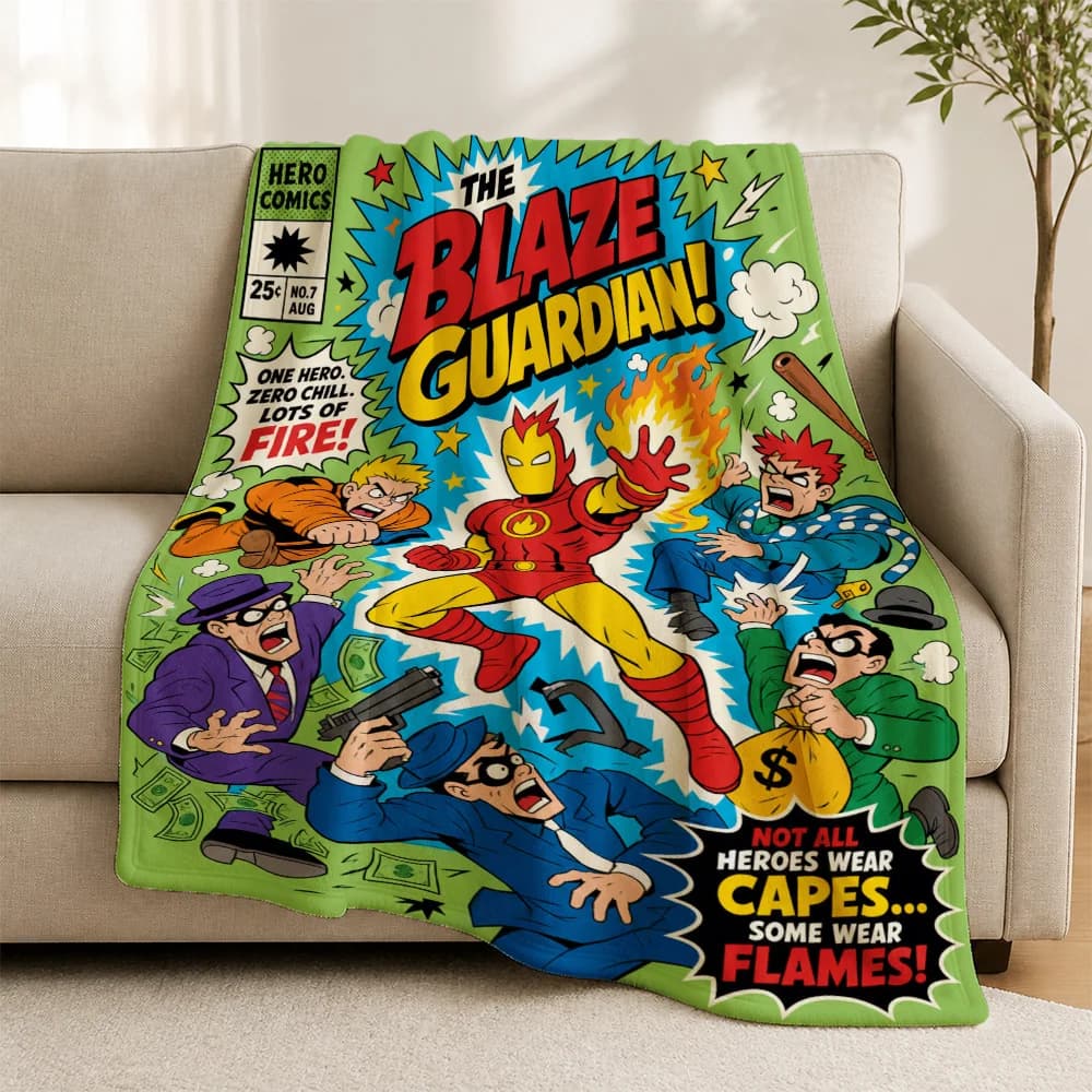 Novelty Comic Book Superhero Throw Blanket for Sofa Couch Home Decor Blaze Guardian Pop Culture Plush Winter Cozy Art Gift
