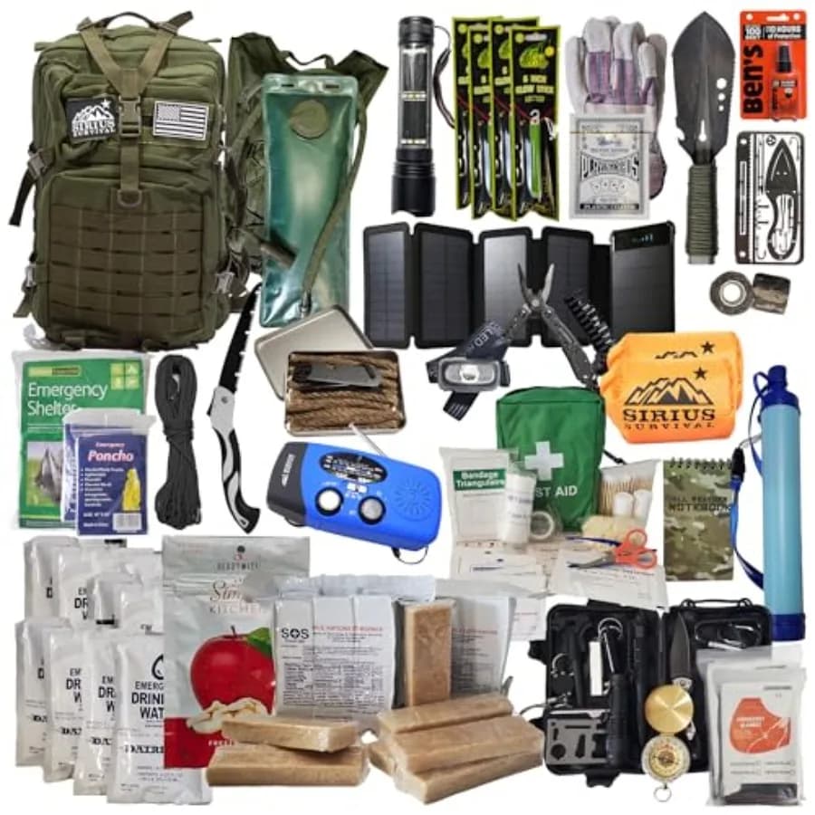 Kit di Sopravvivenza per Emergenze 72 Ore - Zaino Pre-Imballato Premium con Attrezzatura - Materiale Resistente - Verde Oliva - Completo