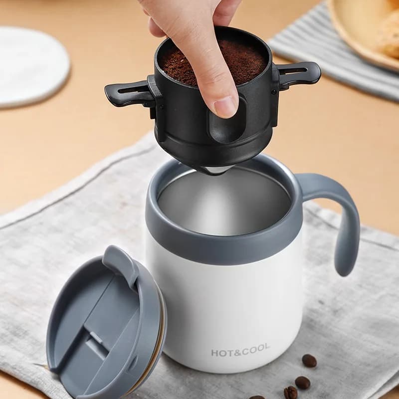 Caffettiera Portatile in Acciaio Inossidabile, Set con Tazza da Viaggio, Filtro Riutilizzabile per Campeggio