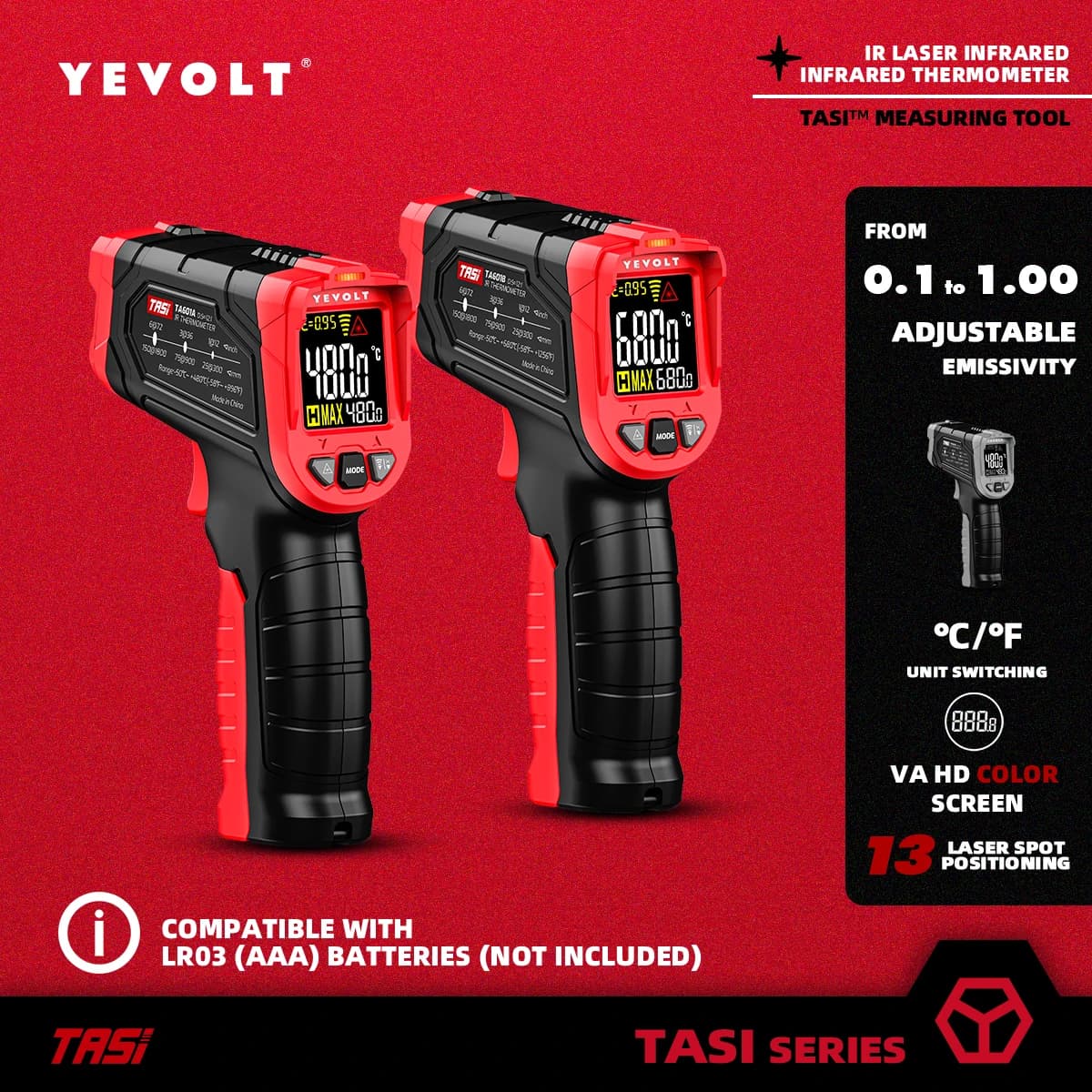 Termometro digitale a infrarossi serie YEVOLT TA601 Palmare senza contatto IR Laser Temperatura del calore Punto pistola Schermo a colori VA HD