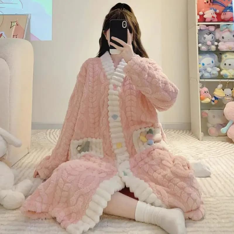 Plus Size 5XL Winter Warm Hot Vestes Sweet Woman Long Coral Velvet Bathrobe Flannel Night Garments Comfortable Home Clothes