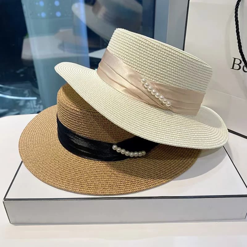New Summer French Elegant Beach Straw Hats for Women Visor Fitted Hat Brim Jazz Travel Pearl Female Casual Panama Hat Suncap