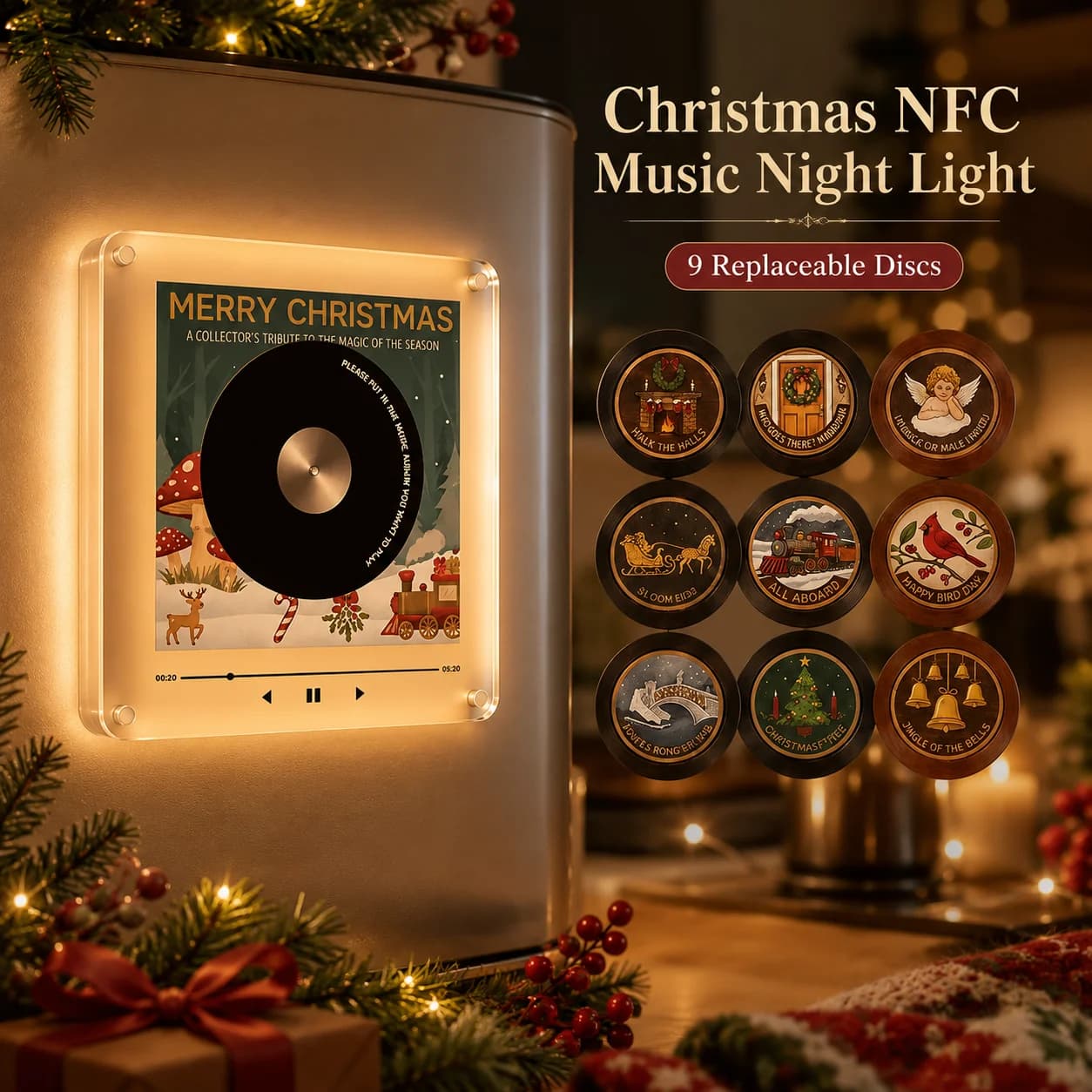 Christmas NFC Magnetic Vinyl Record Player Night Light Acrylic Music Player with 9 Replaceable Discs Refrigerator Sticker