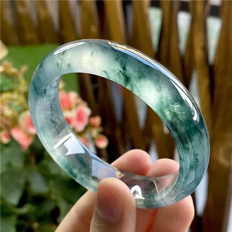 Bracelet in natural jadeite with ice glutinous seeds, dark green floating flower, jadeite bracelet green light sun