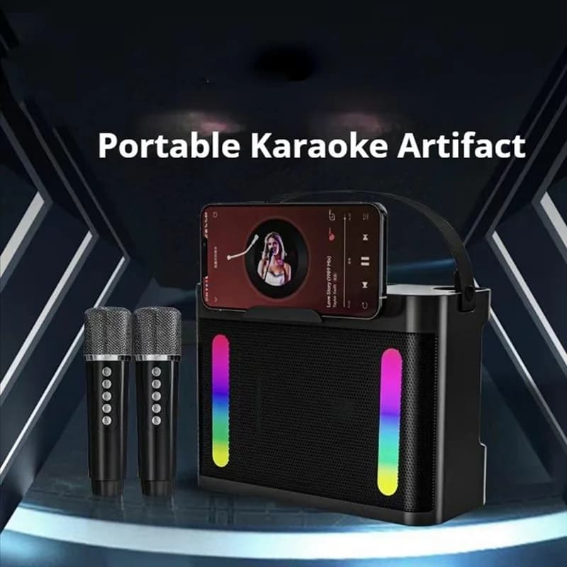 Macchina per karaoke con altoparlante subwoofer Bluetooth wireless portatile a luce colorata ABGI con 2 microfoni stereo per feste in famiglia