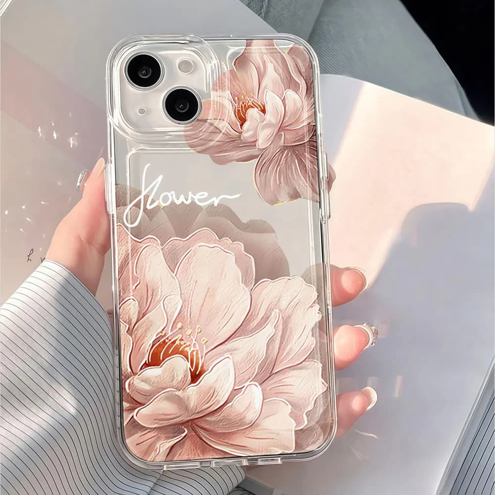 Shockproof Phone Case For iPhone 16 15 17 14 13 12 11 Pro Max 16E X XR 15 16 14 Plus 7 8 17E Air Soft TPU Aesthetic Peony Cover