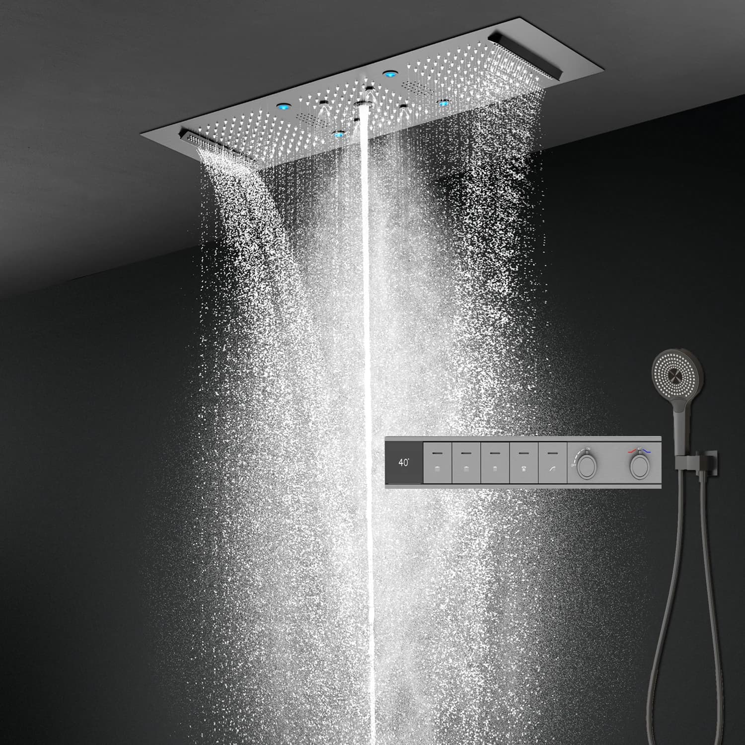 Set Doccia Digitale con Musica, LED, Soffione a Pioggia, Cascata, Colonna Massaggiante, Termostatico, 5 Funzioni