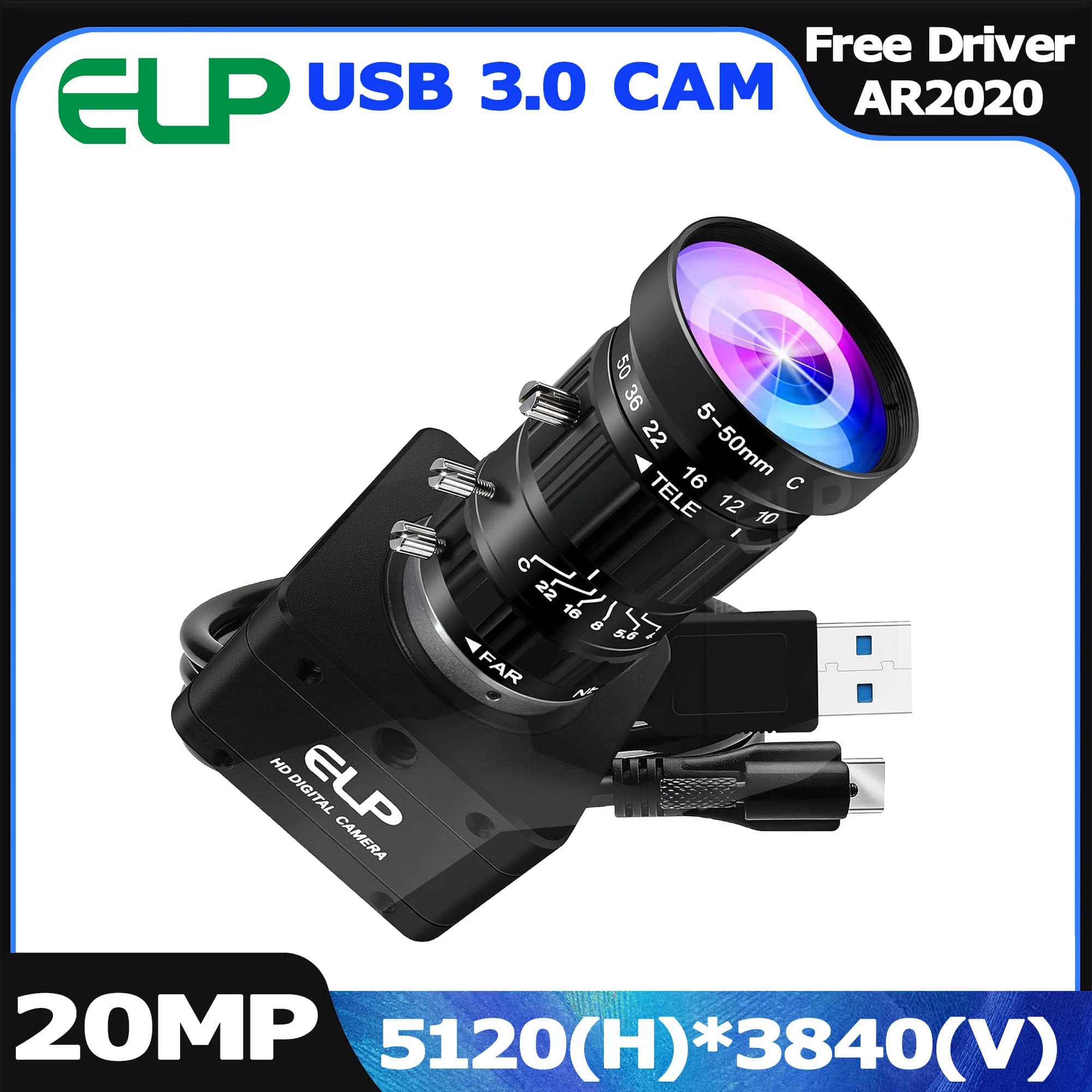 ELP 20MP 5120x3840 USB 3.0 Industrial Webcam CS Mount 3X/5X/10X Manual Zoom Lens PC Camera for Video Conference Home Office