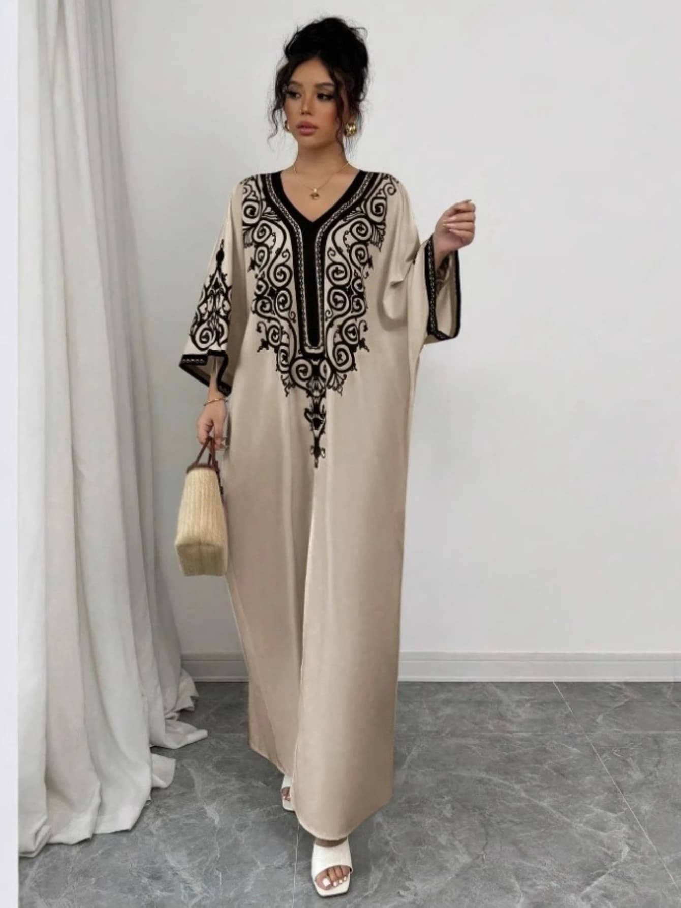 Eid Abito da donna Abaya musulmano con scollo a V Abito ampio Party Jalabiya Ramadan Abiti lunghi Abiti Largos Caftano Arabo Marocco Caftano