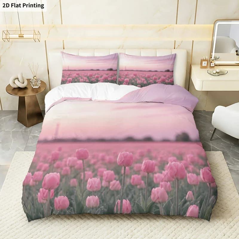 3PCS Duvet Cover, 1 Duvet Cover + 2 Pillowcases (Without Filler) Pink Tulips