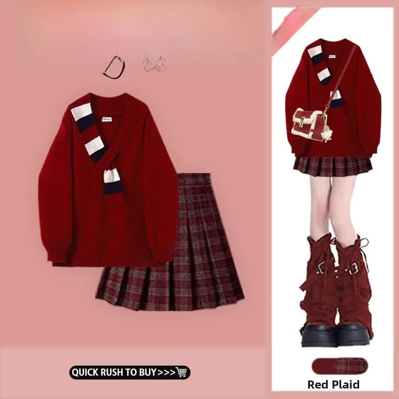 Set Due Pezzi Stile Coreano: Maglione Rosso e Gonna a Quadri, Moda Autunnale con Effetto Snellente, Maniche Lunghe e Scollo a V in Maglia