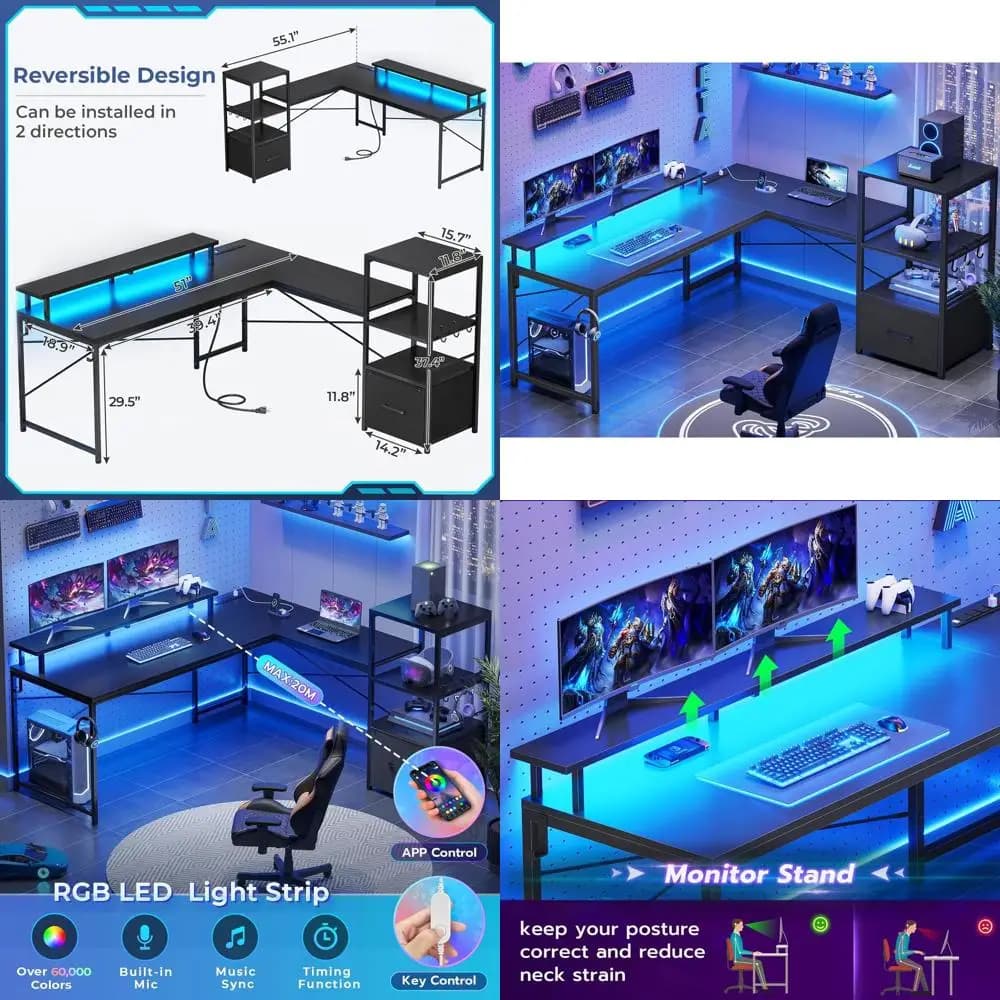 51-inch L Gaming desk with Storage space, Current sockets, LED lights, Fabric surface and Hooks for Monitor - Black