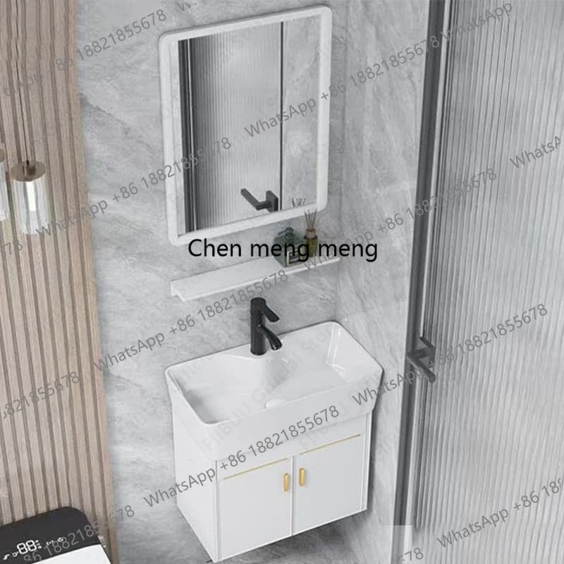 Mobile Bagno Compatto da Parete in Alluminio con Lavabo in Ceramica, Specchio e Spazio di Archiviazione per Piccoli Bagni