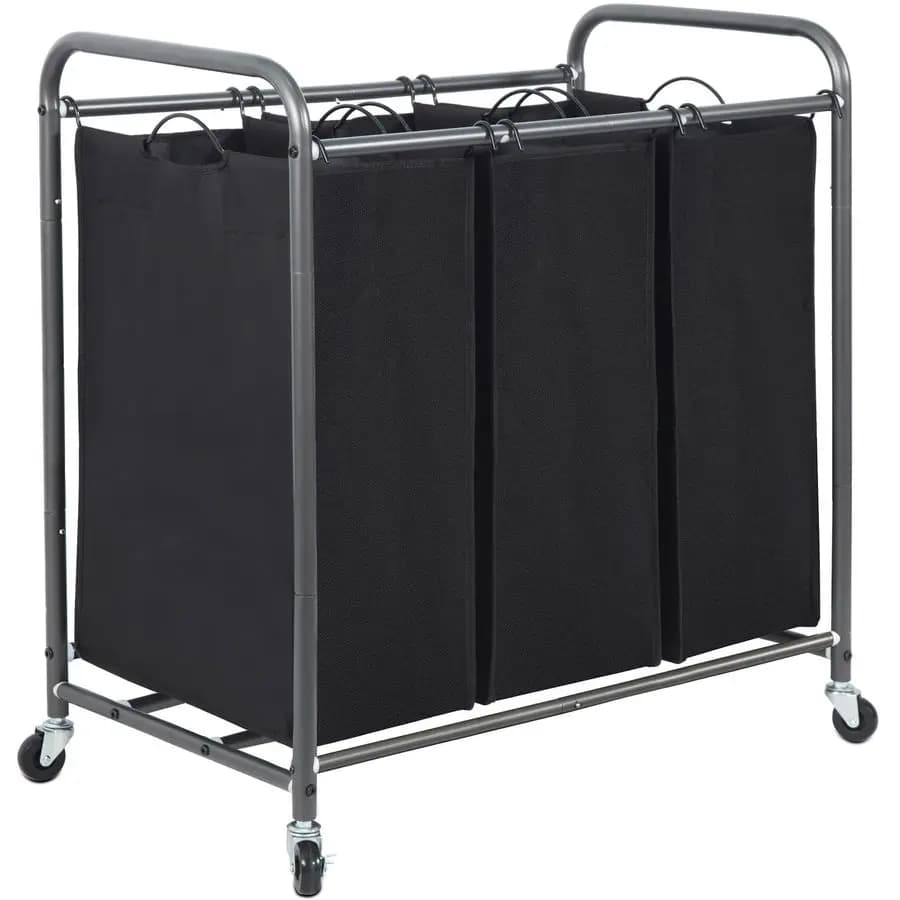 3 sections linen selector, 35.9 gallons and 136 liters linen basket trolley with heavy duty and removable bags, clothes