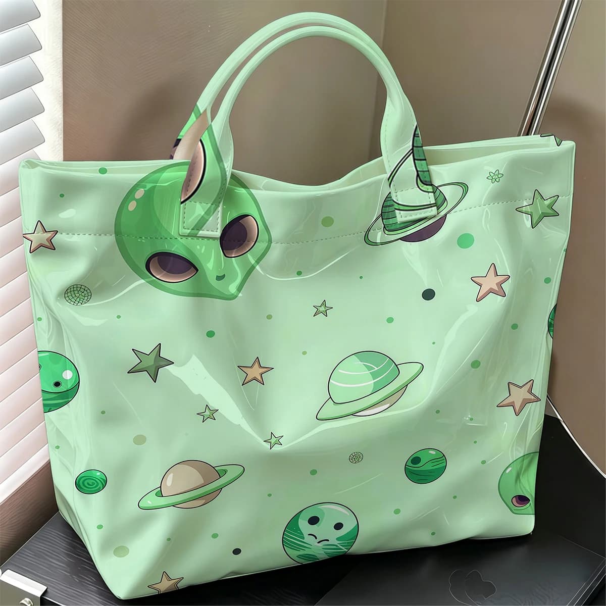 Green Alien Cute Large Glossy PVC Tote Bag Hand Washable Lightweight Soft Great for Travel Commute Makeup Storage Handbags
