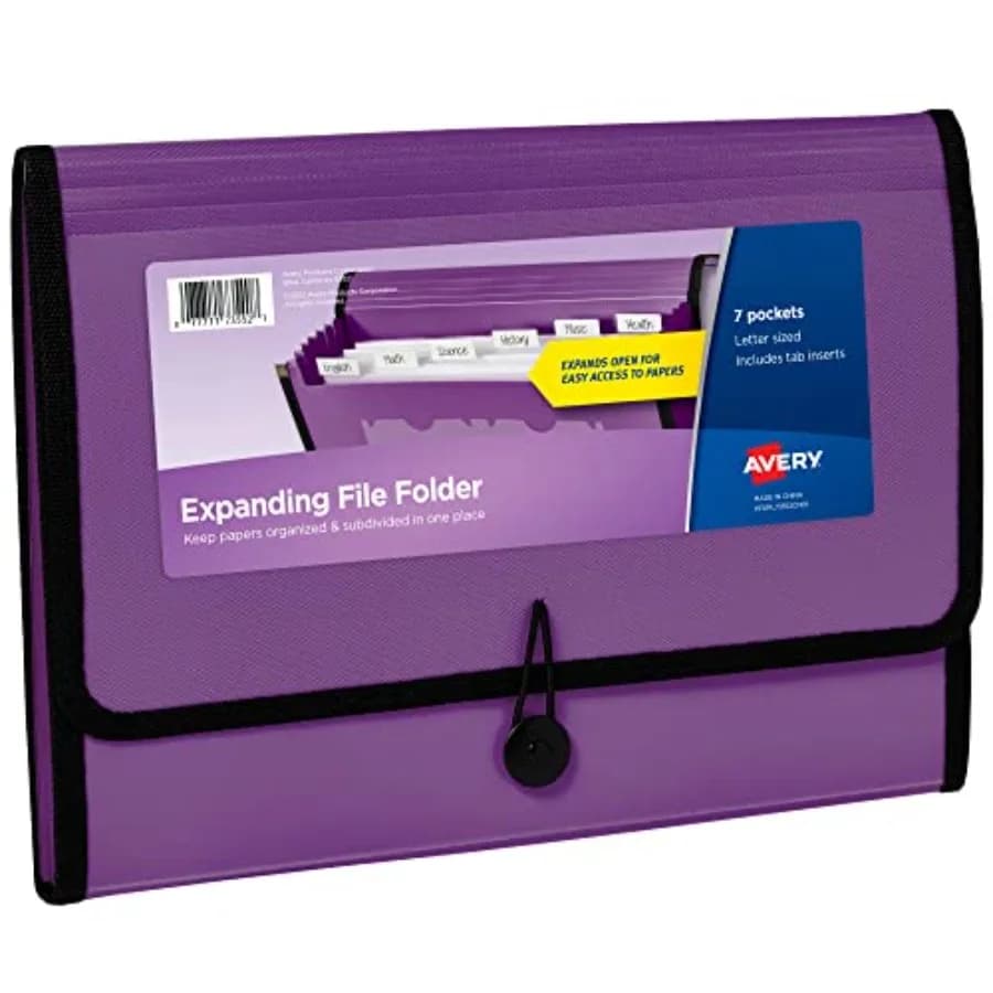 Expanding File Folder Organizer, 7-Pocket Accordion File Organizer, Plum, Holds 425 Letter/A4-Size Sheets 73552