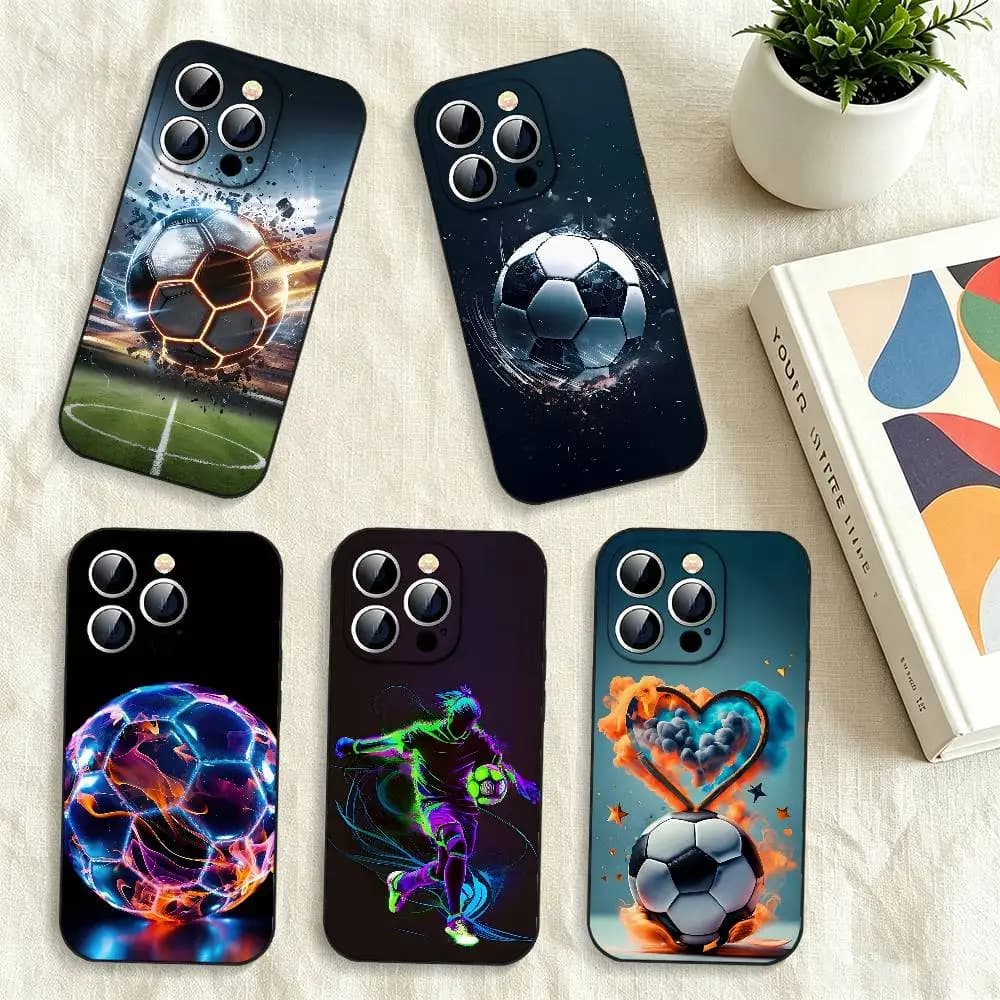 Fire Football Soccer Ball Soft Silicone Shock Absorbing Phone Case For IPhone 17 16 15 14 13 12 11 Pro Max XS XR Mini Plus