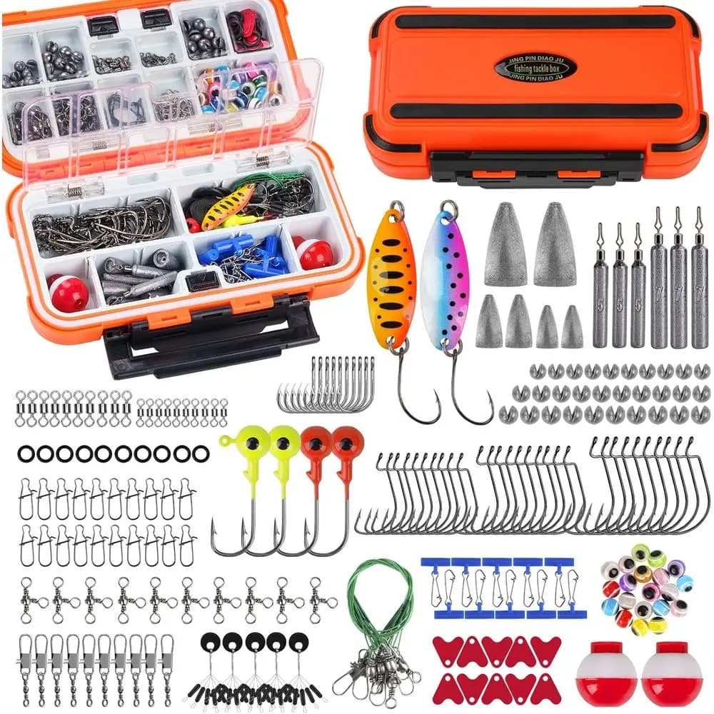 210 piece fishing gear kit, double layer compact box with hooks, poplars, bass and trout equipment