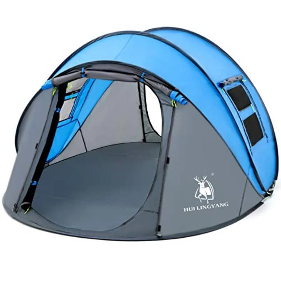 4 Person Easy Pop Up Tent for Camping, Hiking Traveling: 9.5X6.6X52'', Waterproof Polyester, Gray/Black, Automatic Setup with 2