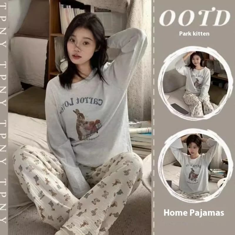 Nuovo Set Pigiama da Donna Stile Ins per Primavera e Autunno, Abbigliamento da Casa con Cartoni Animati, Maniche Lunghe e Pantaloni Lunghi, Stile Coreano