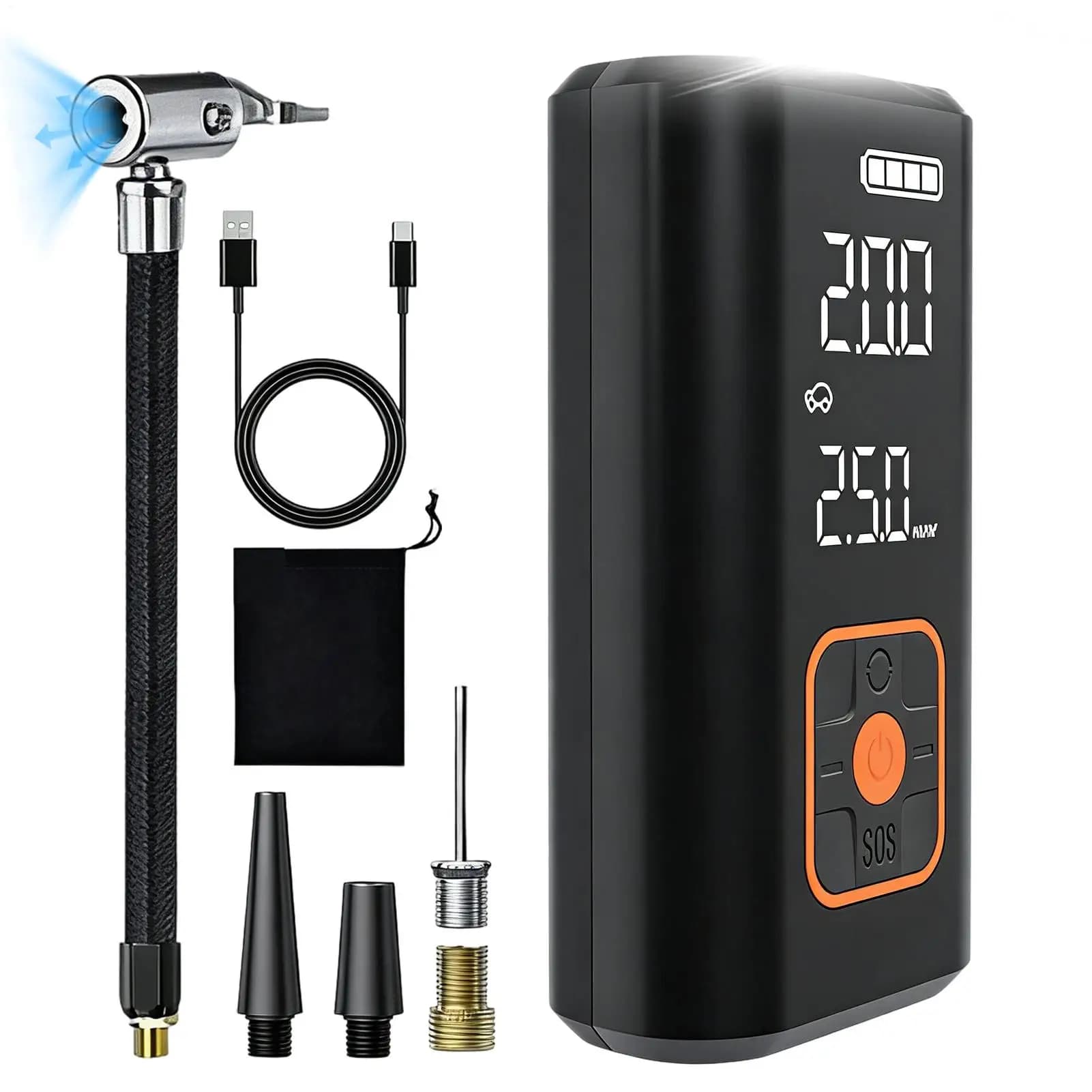 Pompa d'aria portatile per pneumatici auto con luce LED, gonfiatore automatico per pneumatici alimentato a batteria ricaricabile per camion, bici, moto