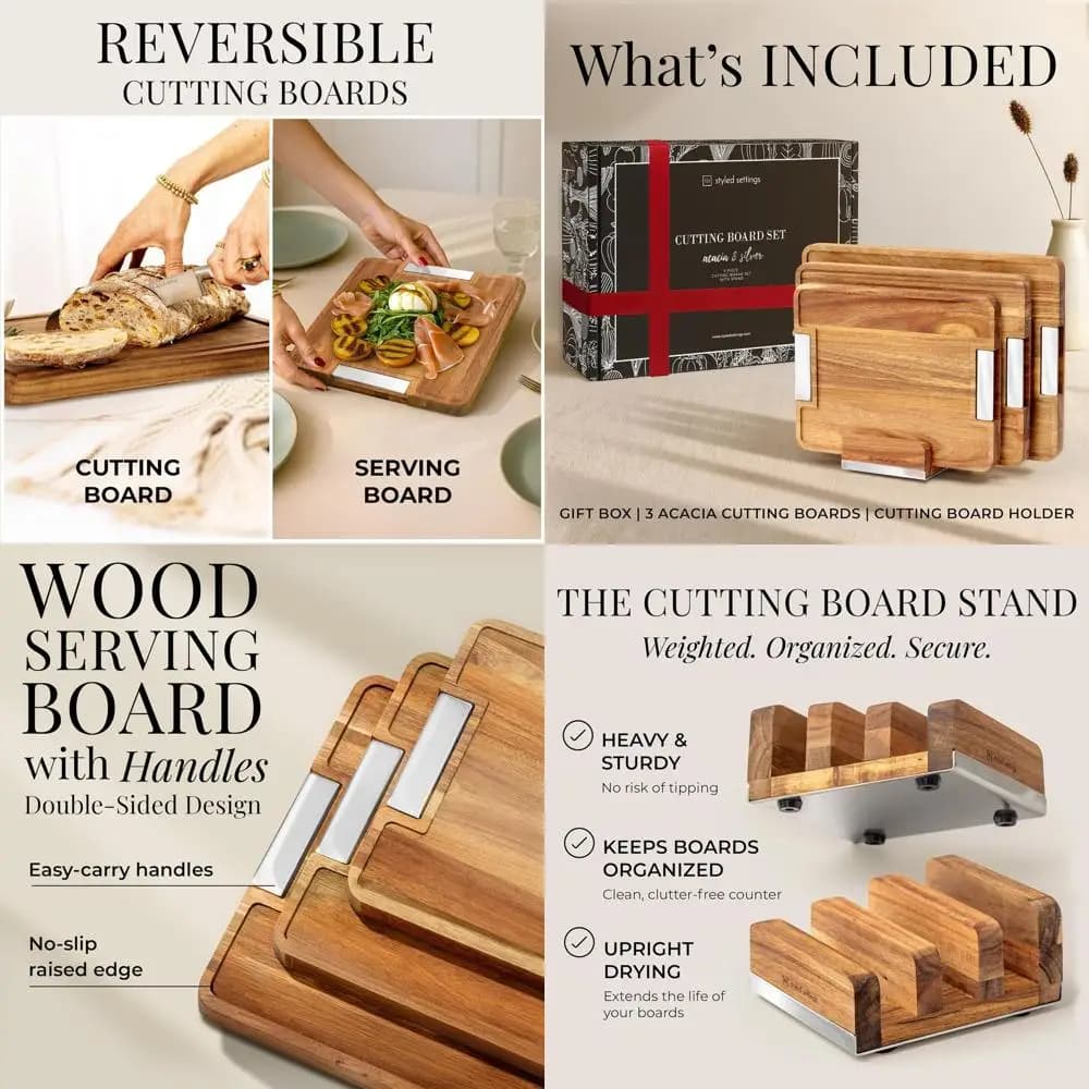 Set of 4 reversible wooden cutters with silver support and handles – Elegant kitchen gift