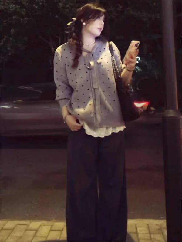 Gray Polka Dot Knot Belted Knitted Sweater Autumn Winter Open Cardigan Korean Style Outerwear Design Miu Qian Jin