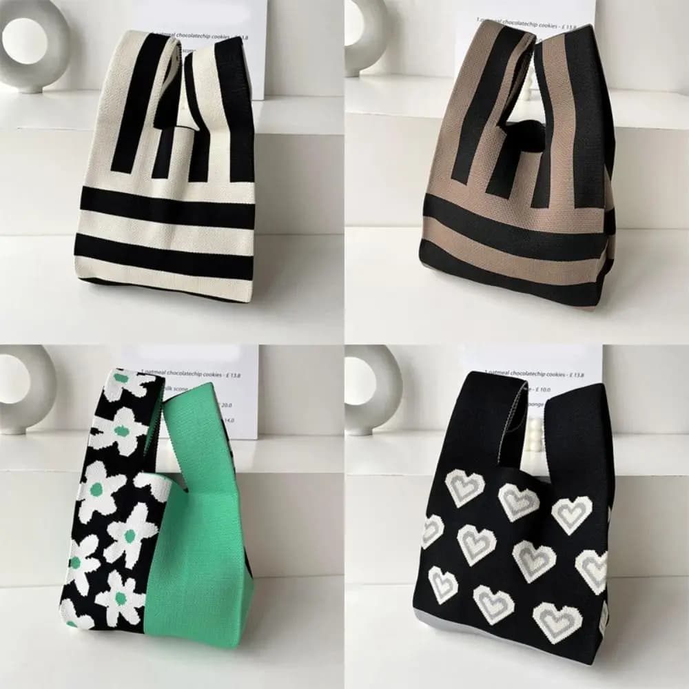 Borsa da polso lavorata a maglia Borsa da donna Borsa a tracolla casual Tote Bag Fiore Cuore Borse per la spesa riutilizzabili femminili Borsa in tessuto