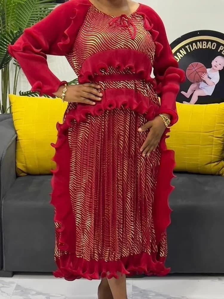 Moda Abito a pieghe Donna Stampa abbronzante O-Collo Fungo Patchwork Abiti eleganti Party 2025 Inverno Nuovi vestiti Vendite calde