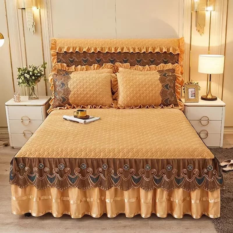 Gonna da letto trapuntata in velluto spesso di lusso Queen Size Copriletto caldo e morbido in peluche Lenzuolo con ricamo in pizzo Federa non inclusa