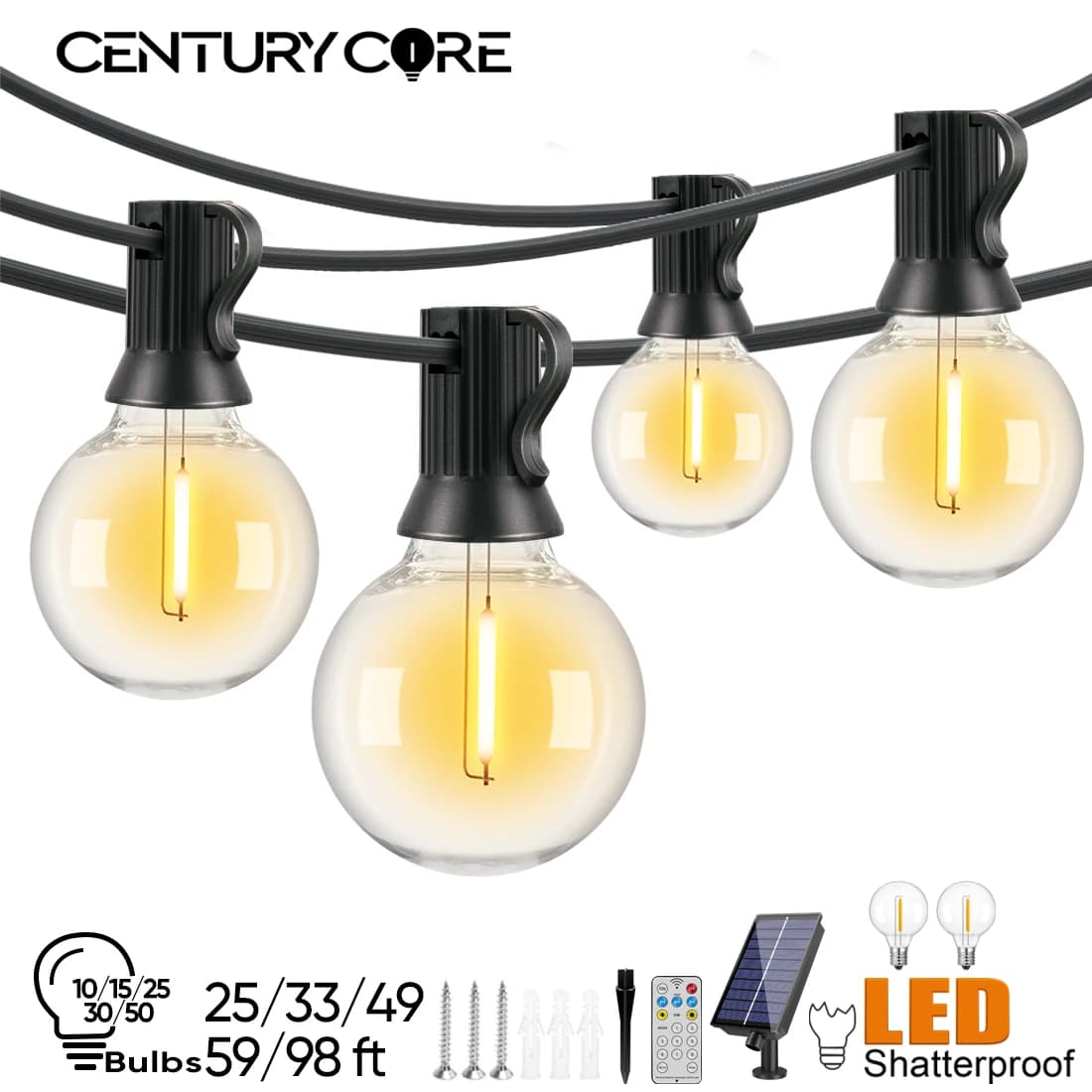 Luci a stringa solari a LED G40 Luci da giardino impermeabili per esterni Luce solare ricaricabile tramite USB con luce decorativa remota