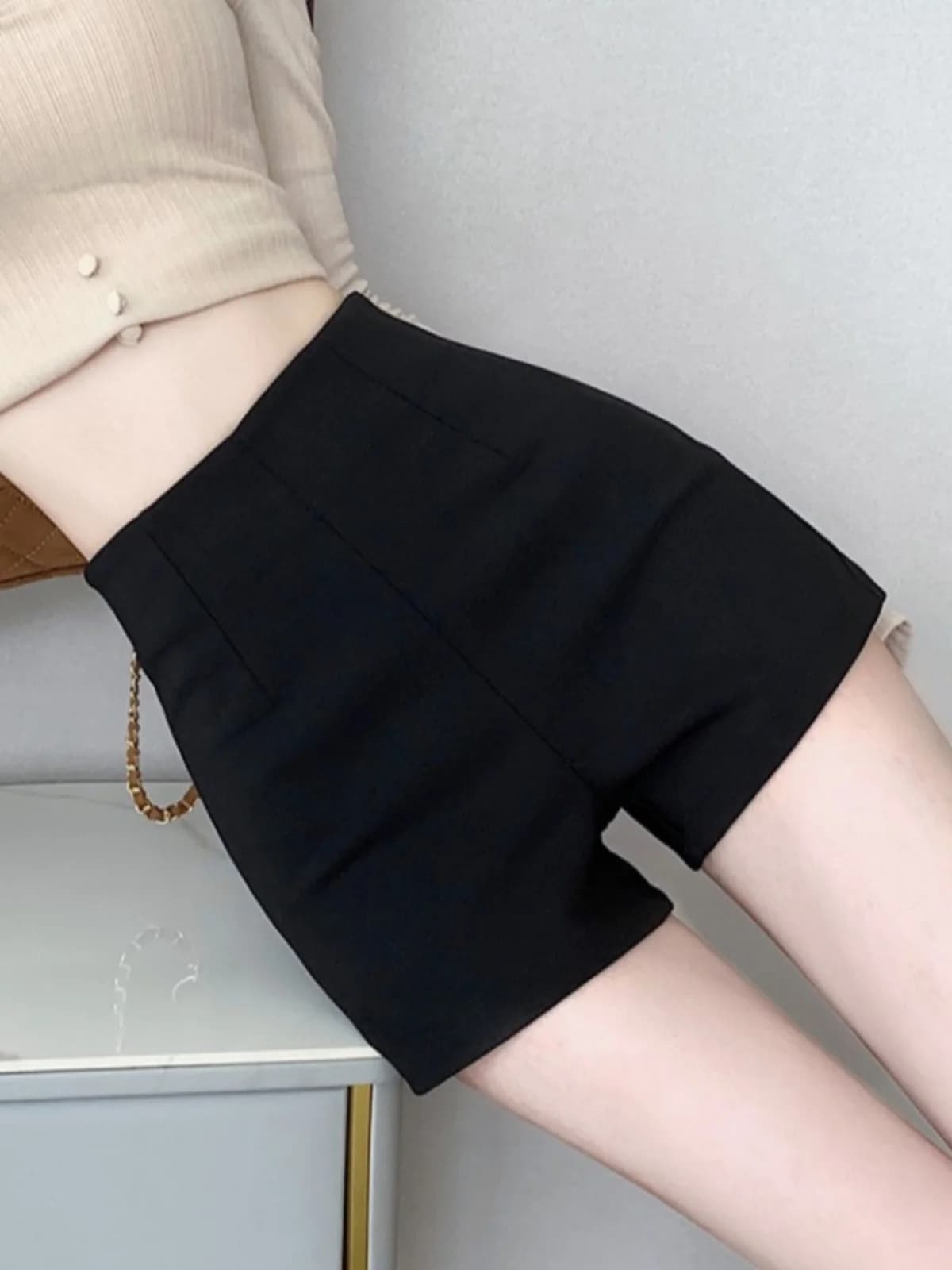 Shorts a Vita Alta Aderenti da Donna, Neri, per Primavera Autunno, Hot Pants, Strato Base, Stile Spicy Boots