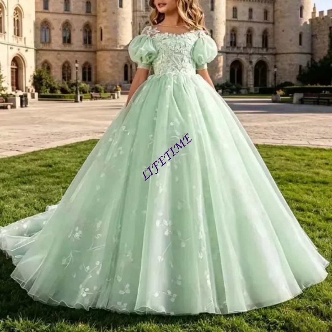 CustomizedA-line/Princess Lace Flower Girl Dress for Wedding Sheer Neck Puff Sleeve First Communion Dress Kids Custom Birthday P