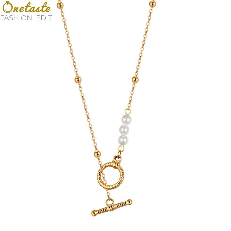 Collana in acciaio inossidabile con perla finta e ciondolo ad anello dorato, catena regolabile fatta a mano da 40+5 cm, gioielli di moda da donna, regalo