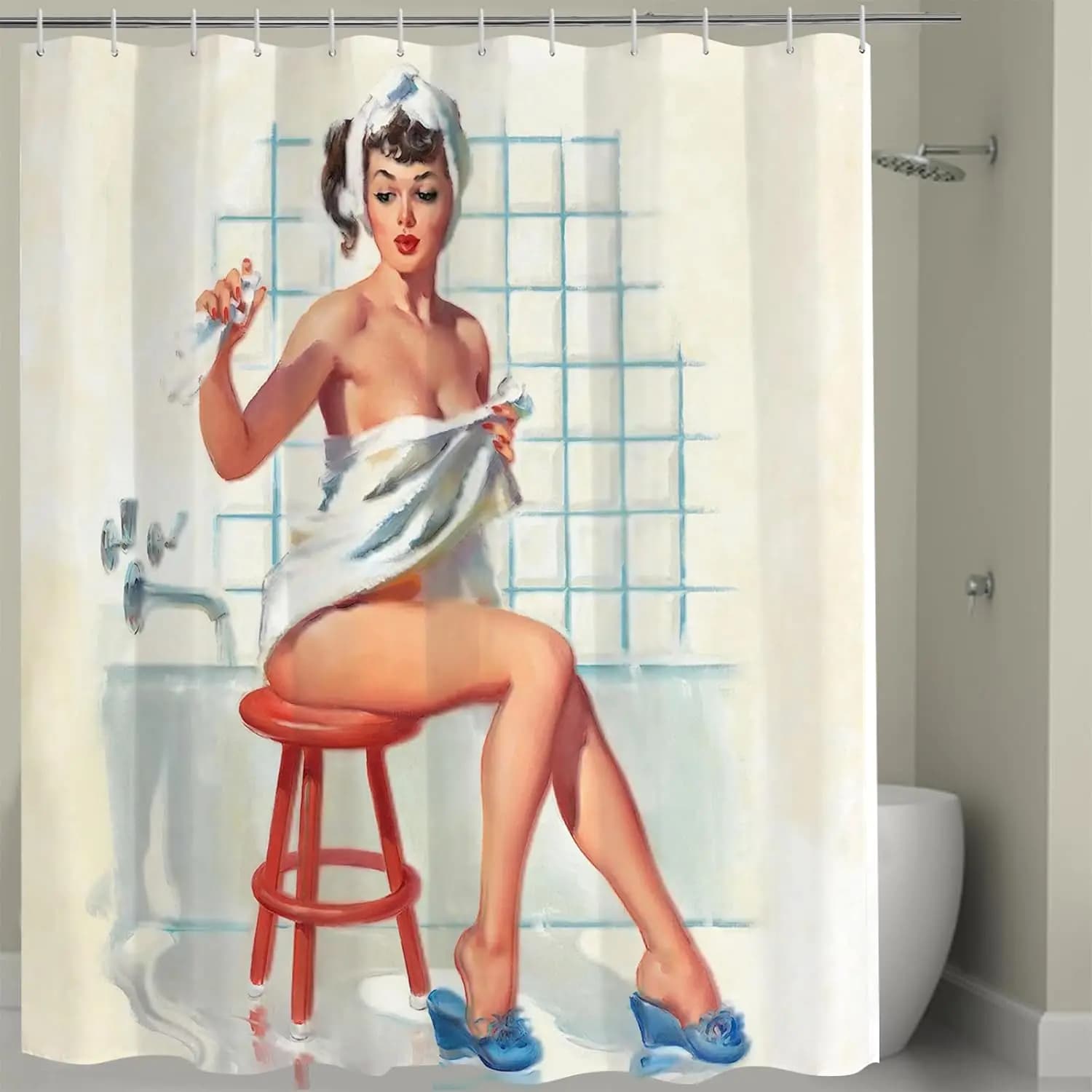 FUNNY KIDS' HOME Pin up Girl Shower Curtains Bathroom Oil Painting Art Canvas Style Bathroom Decor Sexy Girl Bathing Waterproof