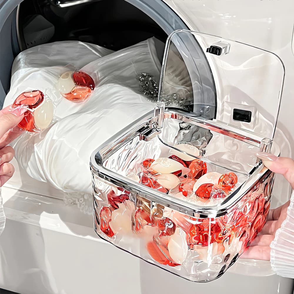 Contenitore per detersivo in polvere con coperchio Organizzatore per cialde per bucato Porta capsule per lavaggio Scatola portaoggetti da tavolo per lavanderia