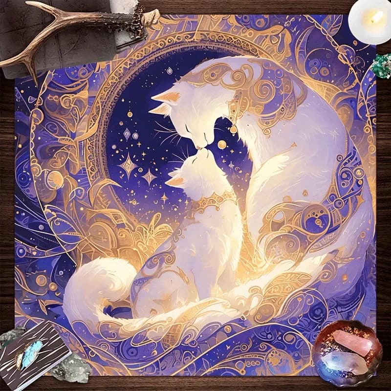 Tovaglia Dream Star con Doppio Motivo di Gatti Accoppiati e Stelle Dorate, Decorazione Magica per Camera da Letto e Studio, Stile Tarocchi