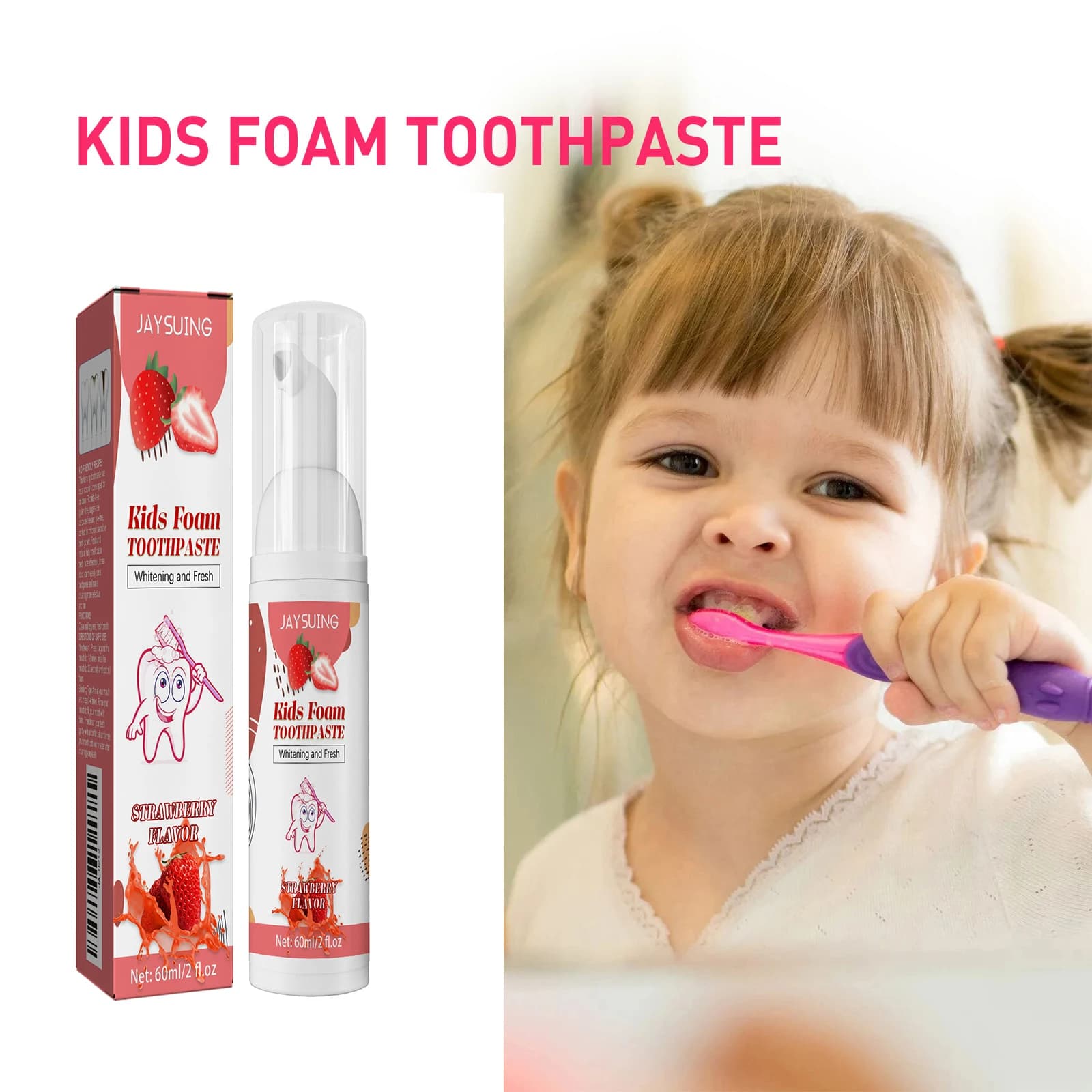 Dentifricio in schiuma per bambini al gusto di fragola: pulizia e sbiancamento dei denti, protezione delle cavità, dentifricio in mousse con azione della pompa