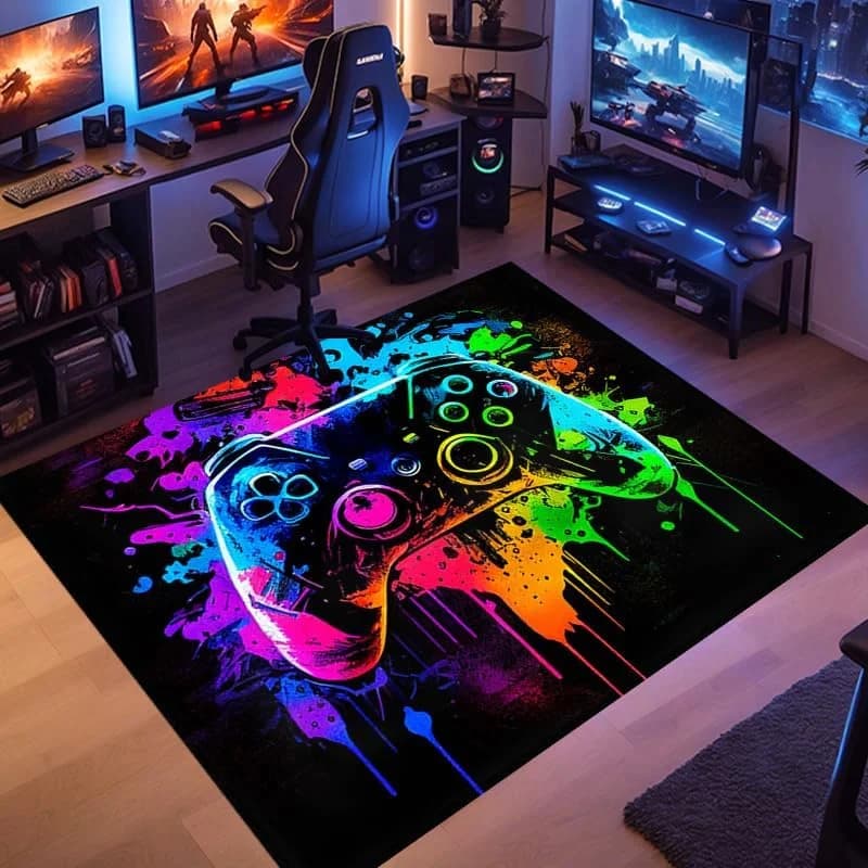 VIKAMA Neon Gaming Controller Area Rug Anti-Slip Durable Gaming Room Swivel Chair Cushion Living Room Bedroom Rug Home Decoratio