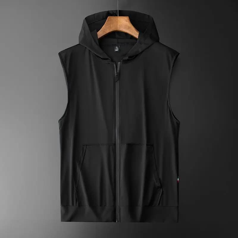 Giovane stile tendenza estate tessuto di seta del ghiaccio da uomo solido con cappuccio tasche con chiusura a zip moda casual gilet senza maniche allentati top