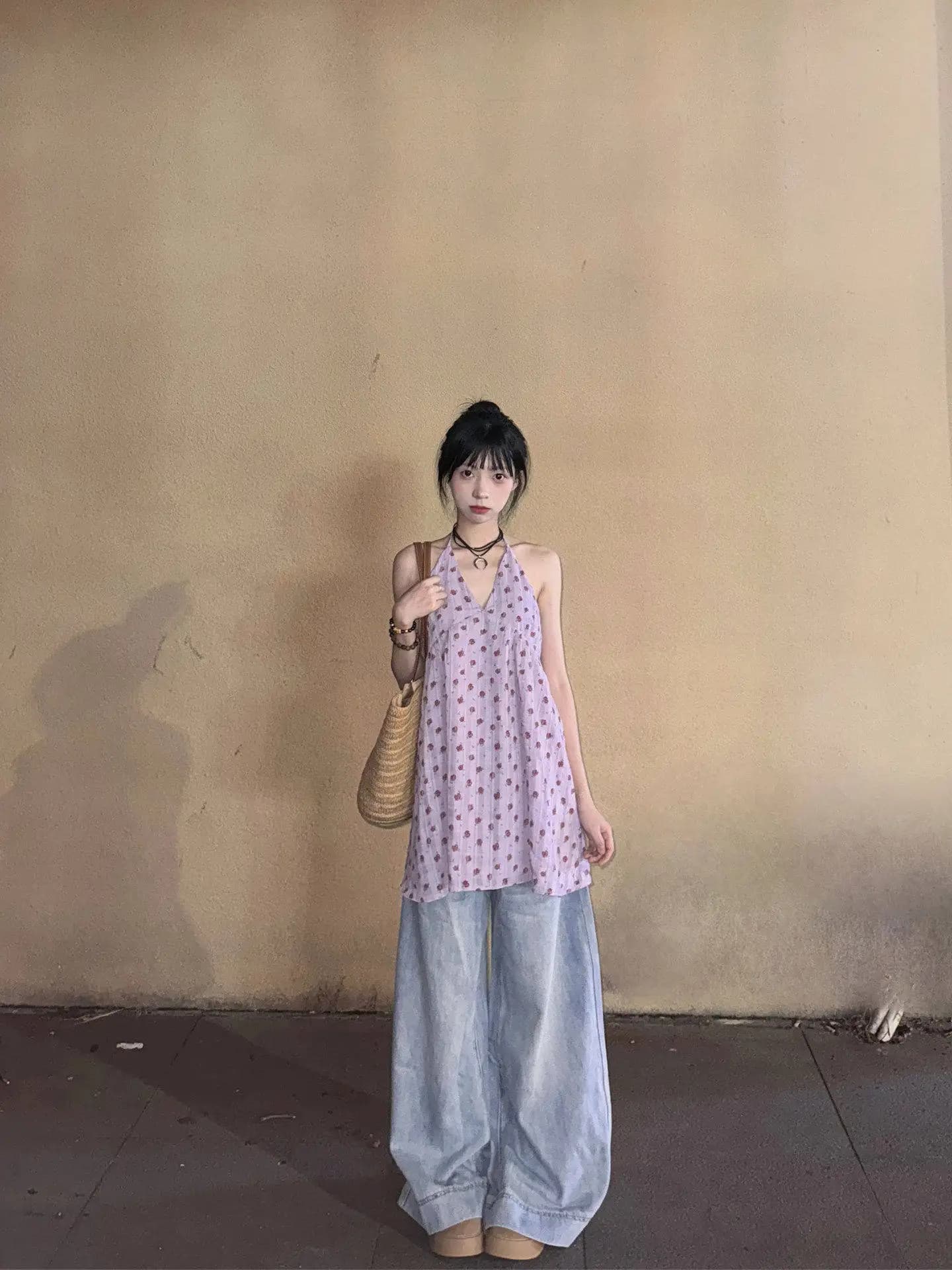 Elegant Purple Floral Print Sleeveless Vest Dress Women's Summer New Stylish Beautiful Waist Cinching Tea Break Skirt