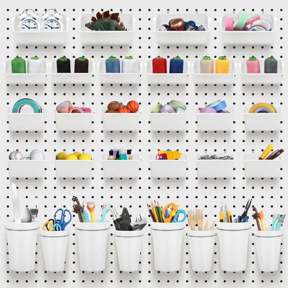 Set di 60 Contenitori e Ganci per Pegboard, Organizzatore da Parete con Ganci e Anelli, Accessori Assortiti per Ufficio