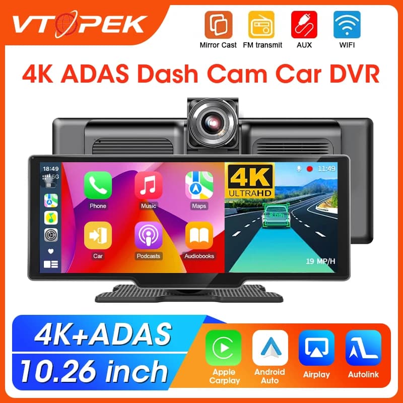10.26" Dash Cam 4K ADAS Car DVR Wireless CarPlay & Android Auto 1080P Rear Camera GPS Navigation Night Vision Video Recorder AUX