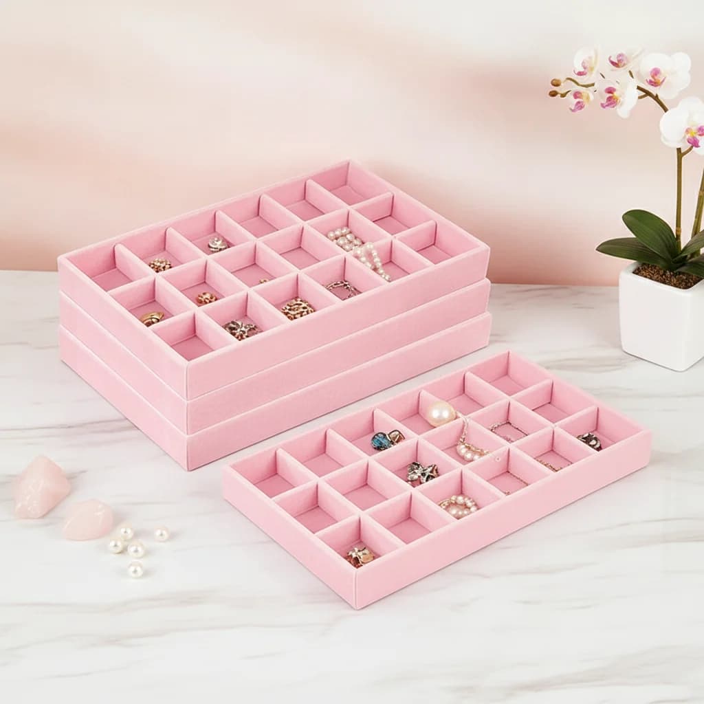 Hot Jewelry Organizer Velvet Jewelry Storage Tray Ring Bracelet Necklace Storage Box Showcase Drawer Organizer Trays Pink 4Pcs