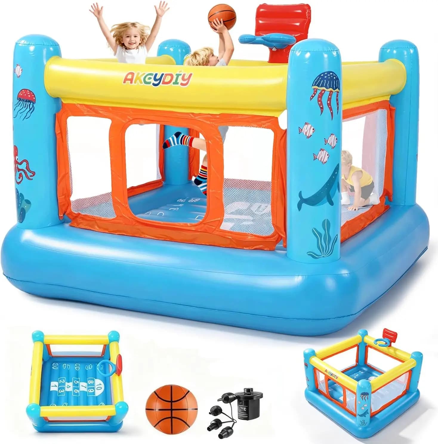 Bounce House, PVC Inflatable Bounce House for Kids 3-6 | Indoor Outdoor Toddler Bouncy House, Jumping Castle with Basketball Hoo