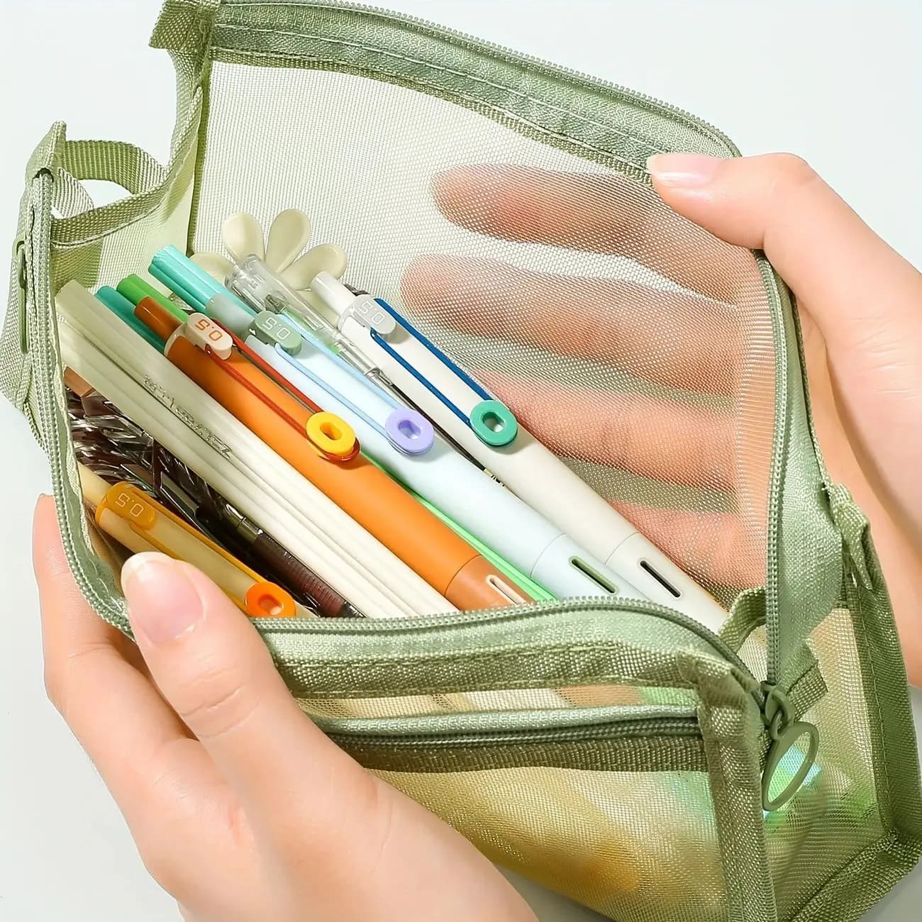 Double-Layer Transparent Mesh Grid Pencil Case , Zipper Pen Storage Pouch for Markers & School Desk Organizer