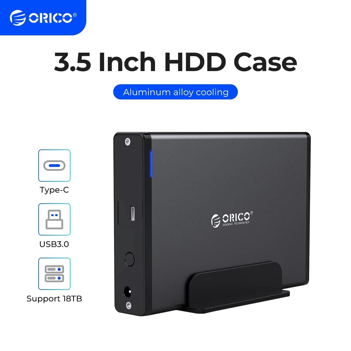 ORICO Case per HDD da 3,5 Pollici Tipo-C e USB3.0, Enclosure per Disco Rigido SATA a USB 3.1, Lettore Esterno per HDD da 2,5/3,5''