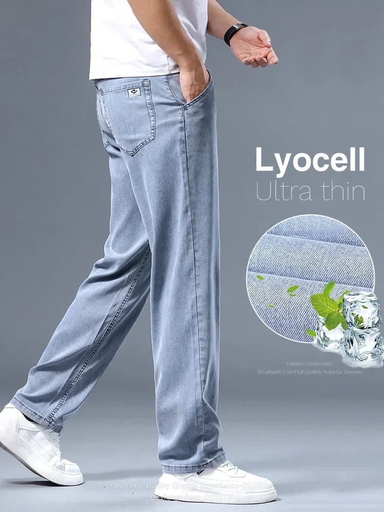 Jeans Estivi in Lyocell Ultra-sottili da Uomo, Pantaloni Casual Traspiranti ed Elastici, Pantaloni in Denim Larghi e Dritti per Uomo, Taglie Grandi 40 42