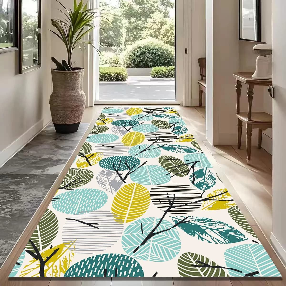 VIKAMA Modern Leaf Pattern Hallway Runner Rug, Non-Slip Washable Floor Mat for Home Decor