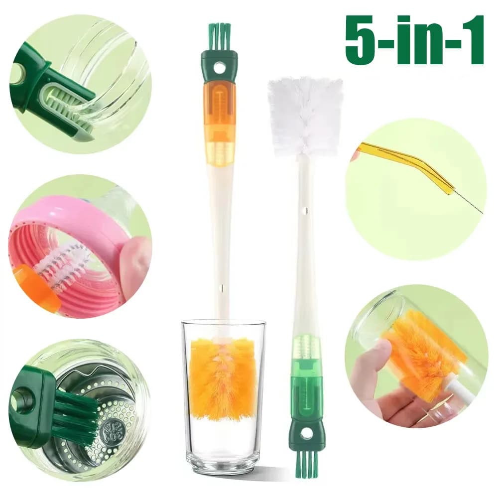 Spazzola per biberon in silicone 5 in 1 Setole in nylon Foro per appendere Manico lungo Rotazione a 360 gradi Spazzola per pulizia tazza ciuccio per bambini